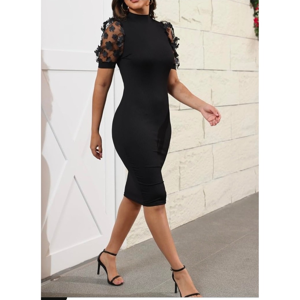 Fastkoala Black Ribbed Turtle Neck Short Sleeve Lace Flower Bodycon Midi Dress L